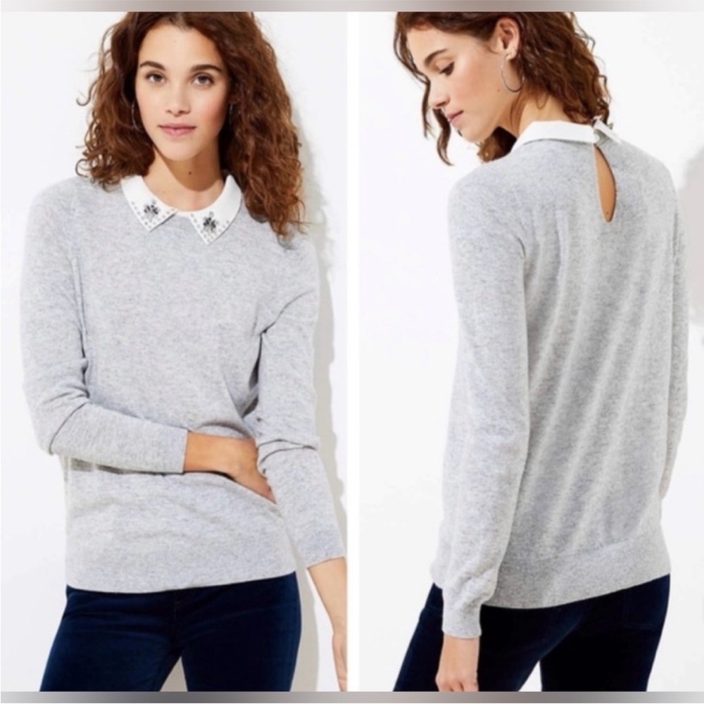 LOFT Embellished Collar Sweater Gray Wool Blend Peter Pan Collar Pullover XS